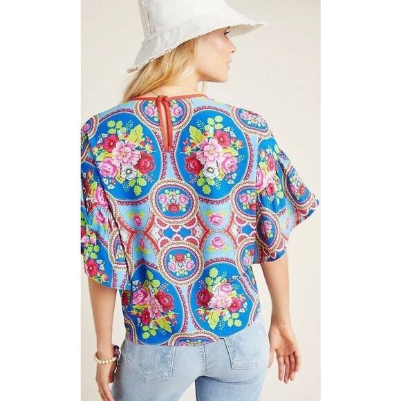 Anthropologie x Conditions Apply SELENE XS 4/6 Blue Pink Floral Tunic Blouse - Picture 3 of 3